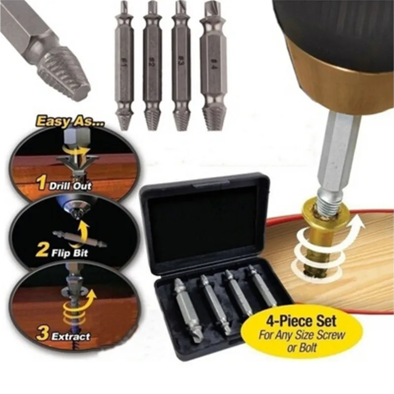 

4pcs Broken Breakage Head Screw Extractors Double Ended Damaged Screw Extractor Wood Bolts Remover Extract Drill Tool