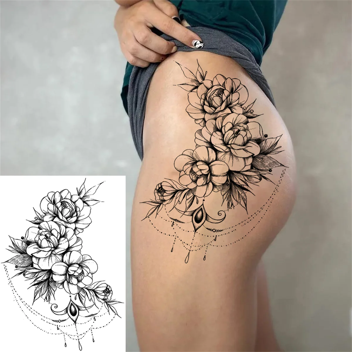 Pendant Flower Temporary Tattoos For Women Adult Fake Jewelry Tattoo Sticker Peony Black Henna Moon Large Thigh Tatoo Waterproof