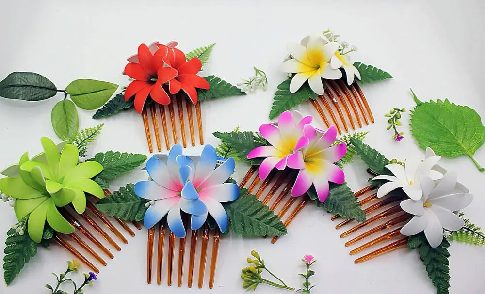 Free Shipping 48pcs/lot HM1019  8Color 15CM Foam Tiare Hair Comb Artificial Hawaii Flower Hair Accessories Tropical Hawaii