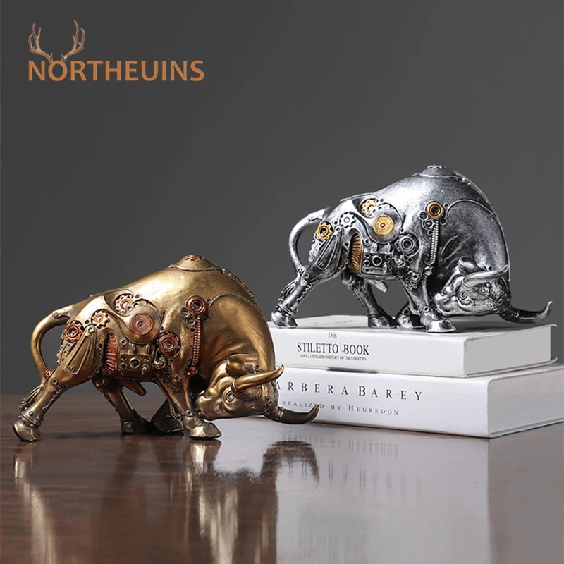 

NORTHEUINS Resin Mechanical Bull Statue Market Cattle Figuinres for Interior OX Mascot Home Office Desktop Room Ecor Accessories