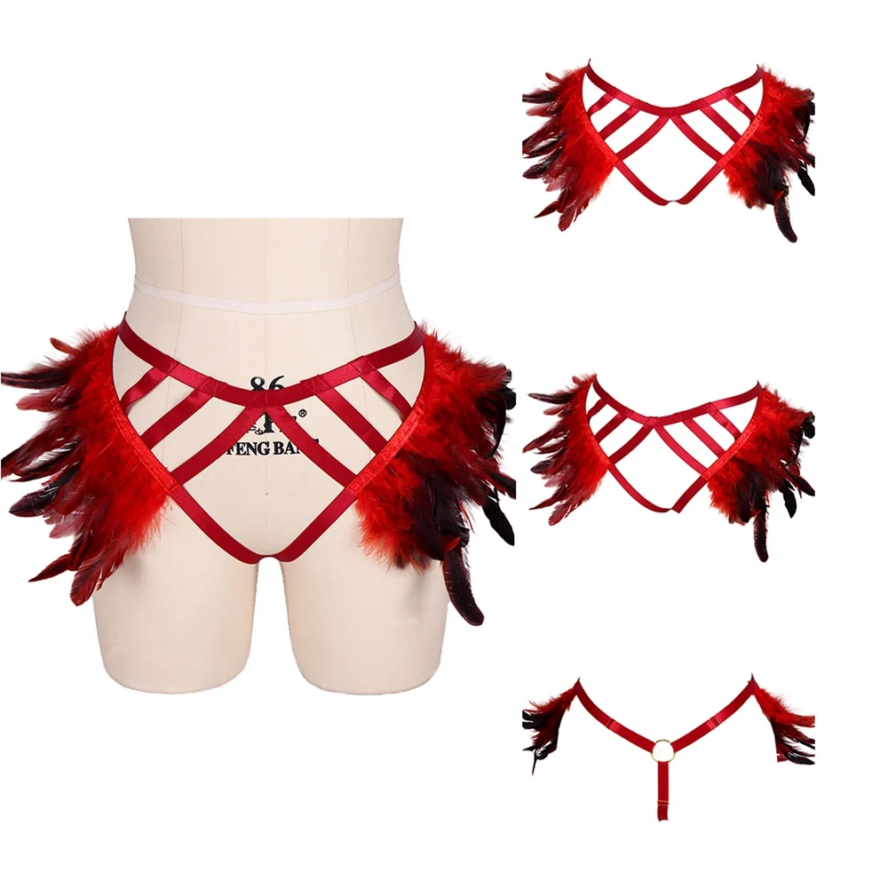 

Bondage Punk Harness Fashion Women's Underwear Triangle Shorts Feathers Accessories Sword Belt Garters Stocking Erotic Lingerie