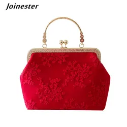 Canvas Lace Ladies Evening Bags for Women Wedding Party Handbag Vintage Red Clutch Purses Metal Frame Kiss Lock Shoulder Bag