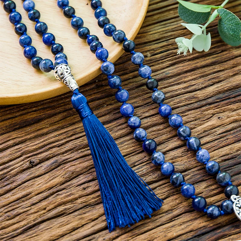 108 Mala Natural Sodalite  Handmade Beaded Knot Meditation Yoga Big Buddha Head Tassel Long Necklace