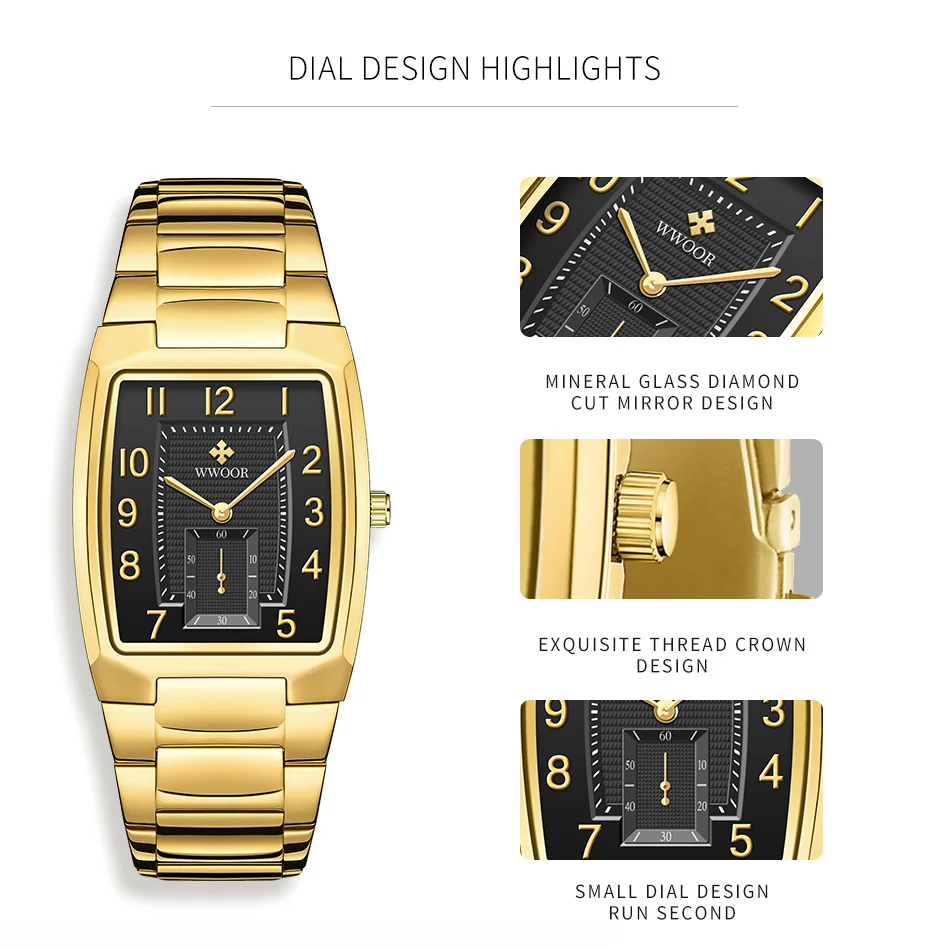 WWOOR 2024 New Design Square Watch For Men Top Brand Luxury Business Stainless Steel Gold Quartz Wrist Watches Relogio Masculino