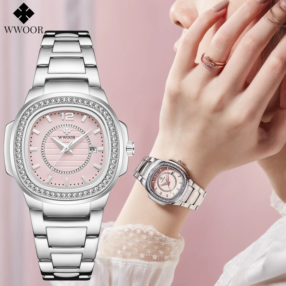 Japanese Quartz Movement WWOOR Brand Pink Ladies Bracelet   Watches Famous Luxury Fashion Design Square Steel Women Wristwatch