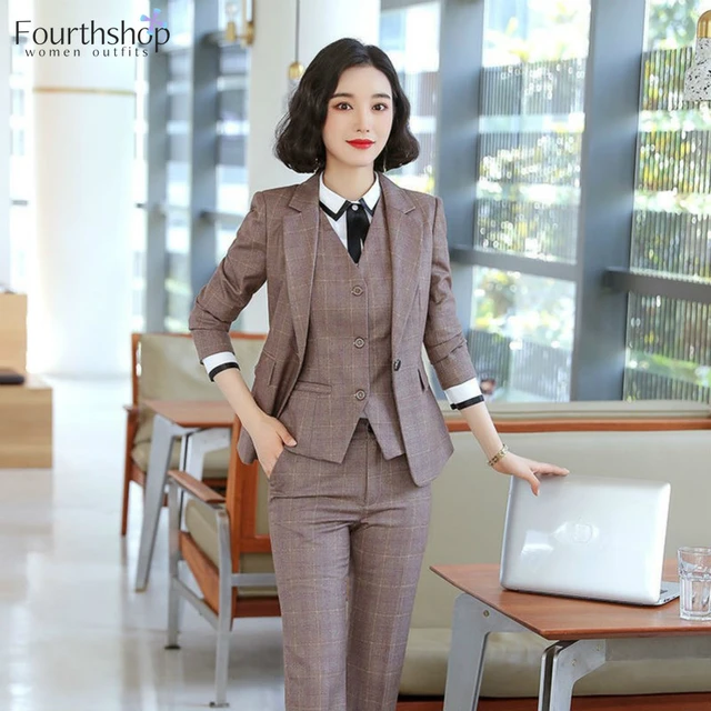 Business Uniform Work Women Suits Elegant Plaid Design 2 Piece Blazer Set Office Lady Formal Pantsuits Female Autumn Winter 2021 Pant Suits AliExpress