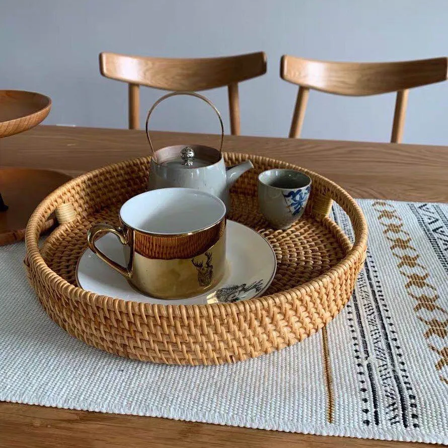 Rattan Basket Hand-Woven Coffee Breakfast Severing Tray Food Storage Platters Bread Plate with Handler For Drink Snack Tea