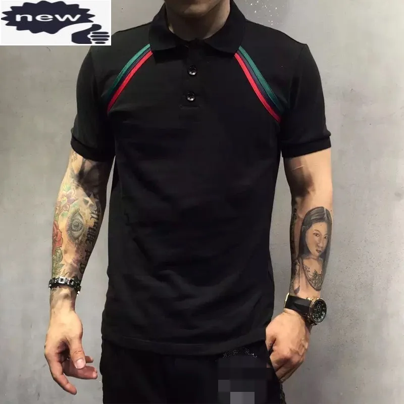 

2021 Summer Striped Slim T-Shirts Men Business Casual Short Sleeve Cotton Tops Male High Street Lapel Black T Shirts Plus Size