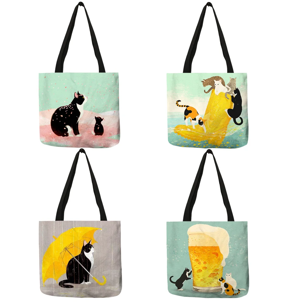 Customized Cartoon Cat Print Korean Tote Bag For Women Reusable Shopping Bags For Groceries Folding Travel School Bags Pouch