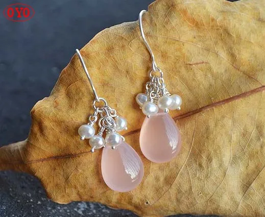 Handmade custom natural flat drop-shaped pink chalcedony mid-length 925 sterling silver earrings