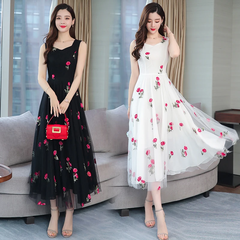 Summer New White Chiffon Boho Beach Midi Sundress 2024 Women Black Sexy Sling Dress Casual Party Bodycon Embroidery Maxi Vestido