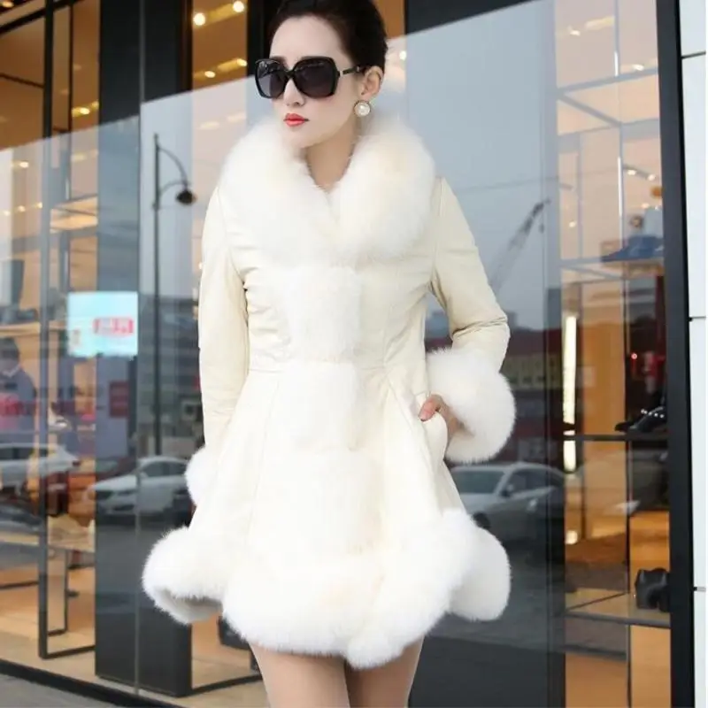 

Winter Female Sheepskin Coats High Quality Faux Fur Pure Color Fox Collars Snap Fastener Furs Big Yards Slim