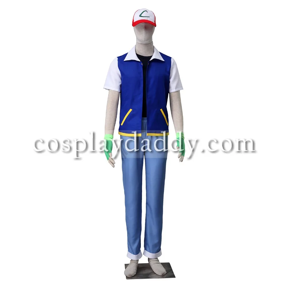 Ash Ketchum Summer Suit Halloween Adult Cosplay Costume Top+Vest+Pants+-Goves