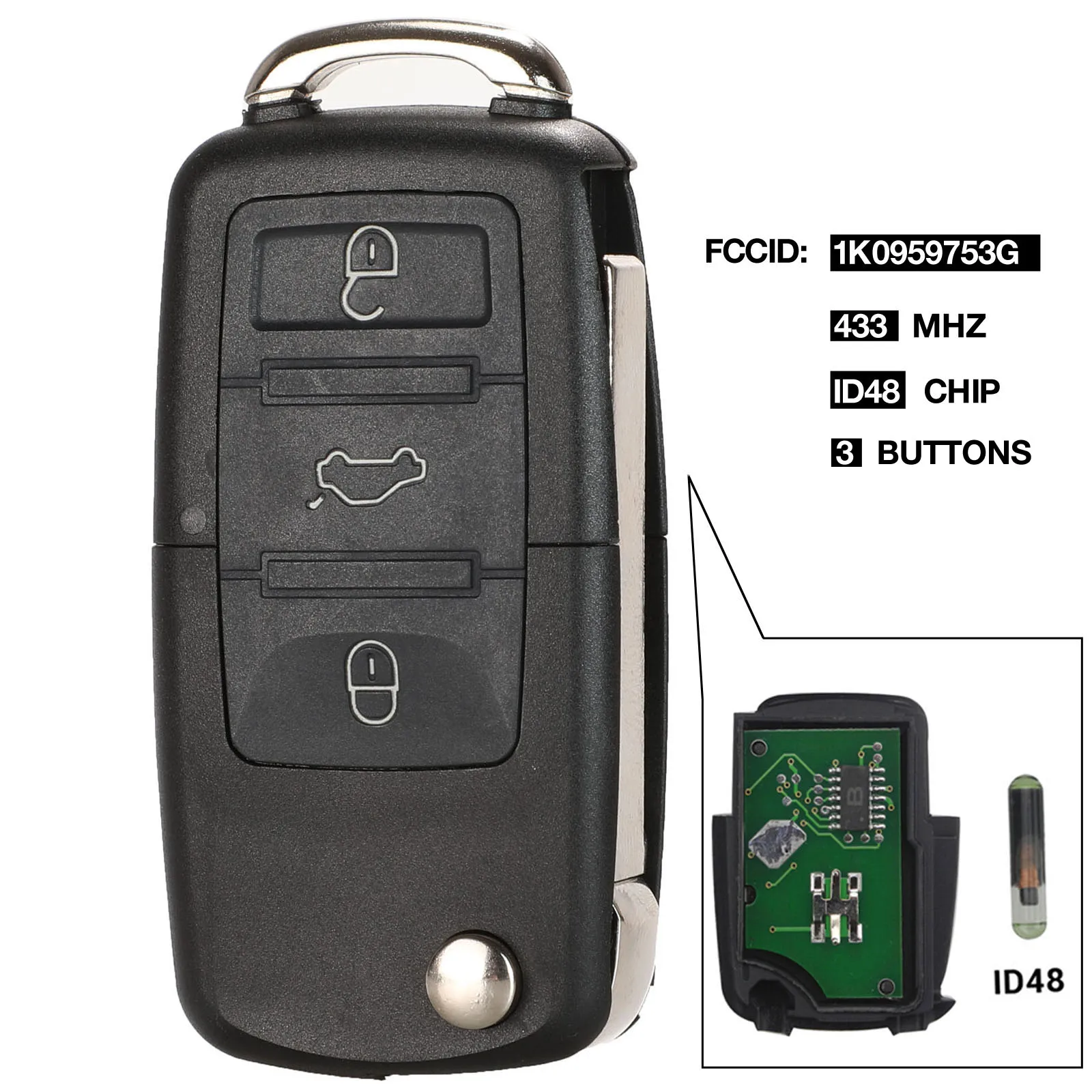 jingyuqin 2/3/4 Button Flip Remote Key Fob 434MHz ID48 Chip For VW Beetle Bora Golf Passat Polo Transporter T5 1J0 959 753 AG