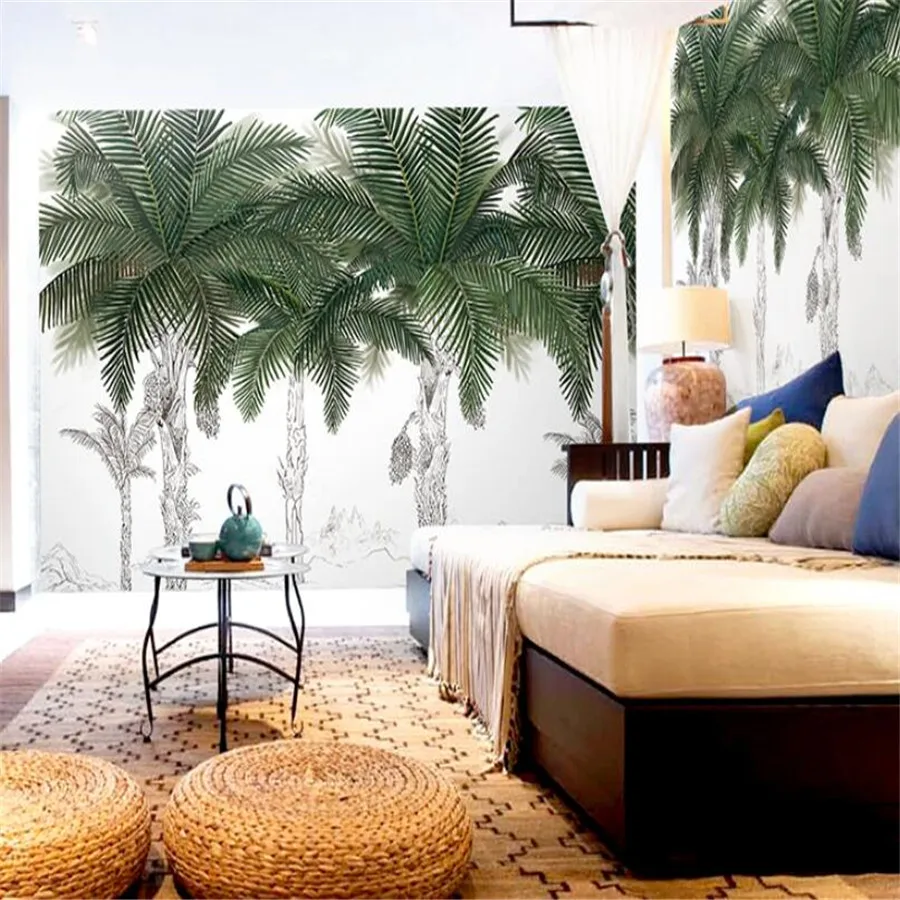 Custom 3D Mural Wallpaper Southeast Asia Tropical Palm Tree Wall Green Coconut Plant Leaf Home Decoration Painting Wallpaper