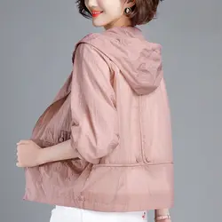 2024 New Summer Jacket Women Hooded Sun Protection Clothing Fashion Casual Zipper Thin Windbreaker Coat With Lined M-5XL Q14