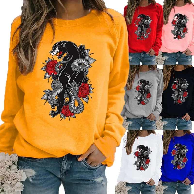 Auttumn and Winter Fashion Printing Graphic Sweatshirt Motion Shirt Long Sleeve Loose Shirt Round Neck Plus Size Women Clothing