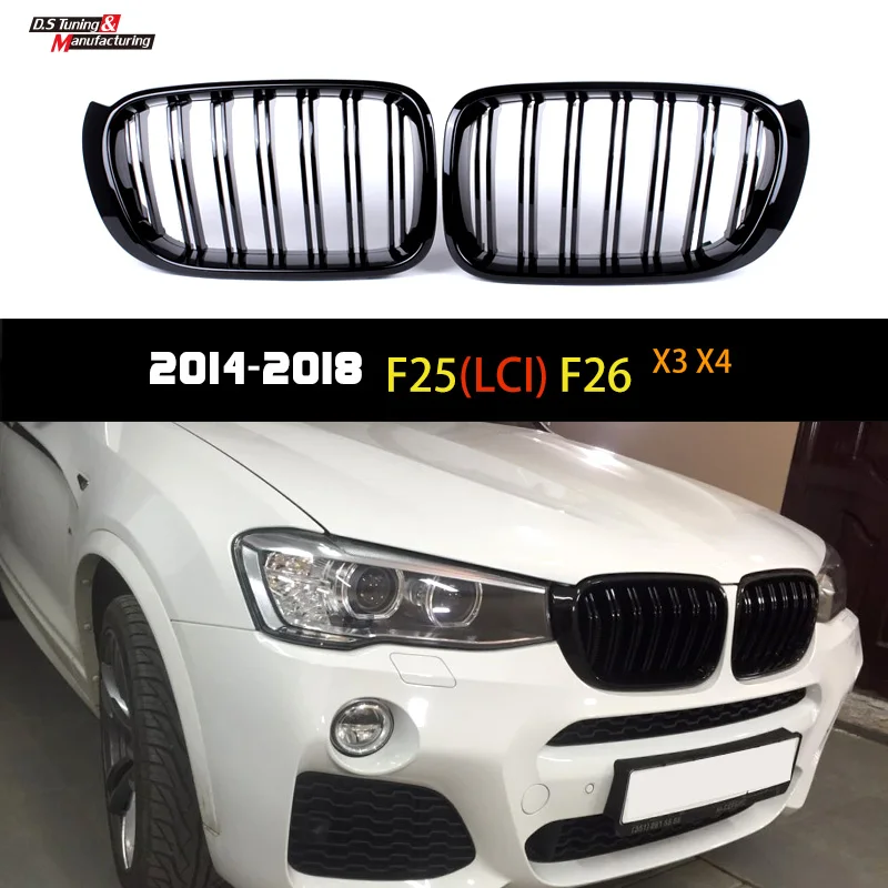 

Racing Grills For BMW F25 F26 X3 X4 SUV 2014-2018 Gloss Matt Black Sport 2-Line Slat Front Bumper Kidney Hood Grille Car Styling
