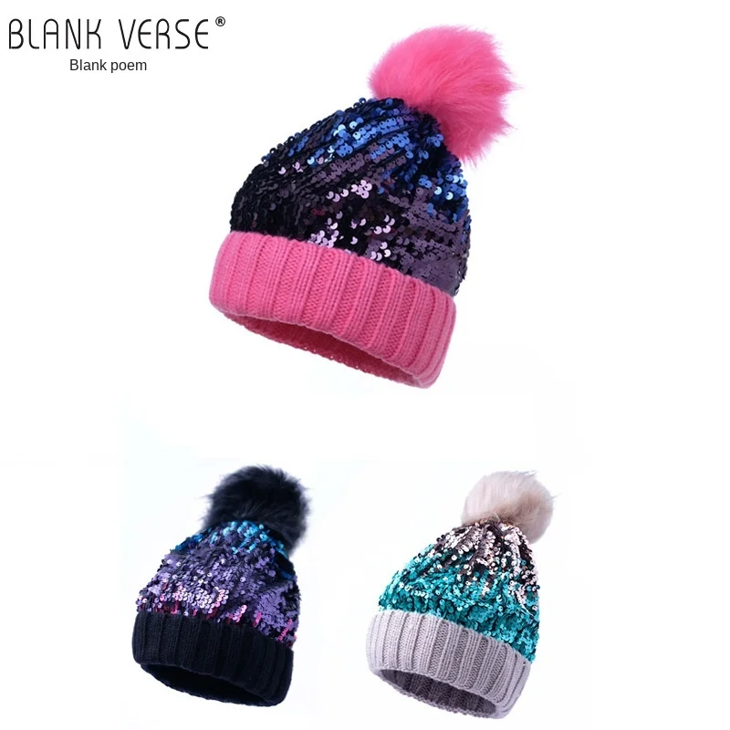 Cross-border new autumn and winter sequin knitted hat Ladies fur ball fashion thick winter hat Baotou sequined woolen cap