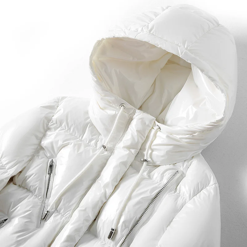 Glossy Down Jacket Women Streetwear 2024 New White Hooded Short 90% White Duck down Coat Black Loose Female Parka Zipper Outwear