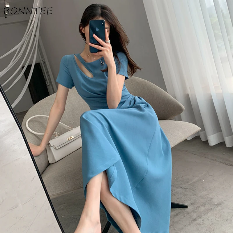 Dresses Womens Hollow Out 3 Colors All-match Old-fashioned Korean Style Slim Summer Colorful Simple Elegant Female 2021 Trendy