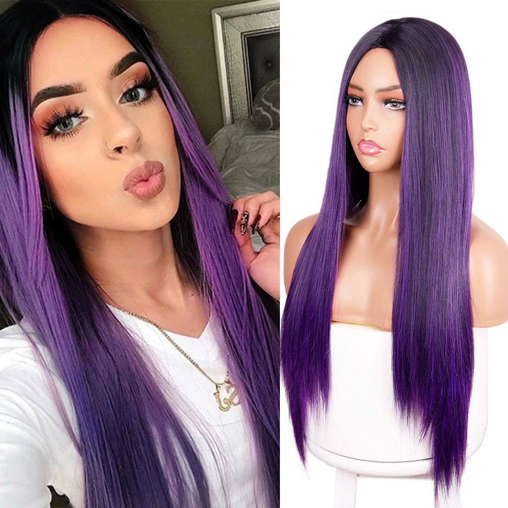 WERD Purple Synthetic Female Fair Wig Cosplay Long Smooth Wig Purple Daily Party Heat-resistant Glue-free