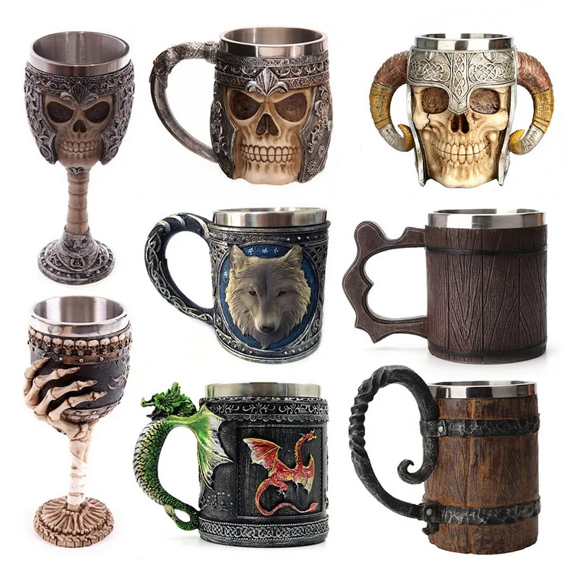 Retro Horn Skull Resin Beer Mug  Stainless Steel Skull Knight Tankard Halloween Coffee Cup Viking Tea Mug Pub Bar Decoration