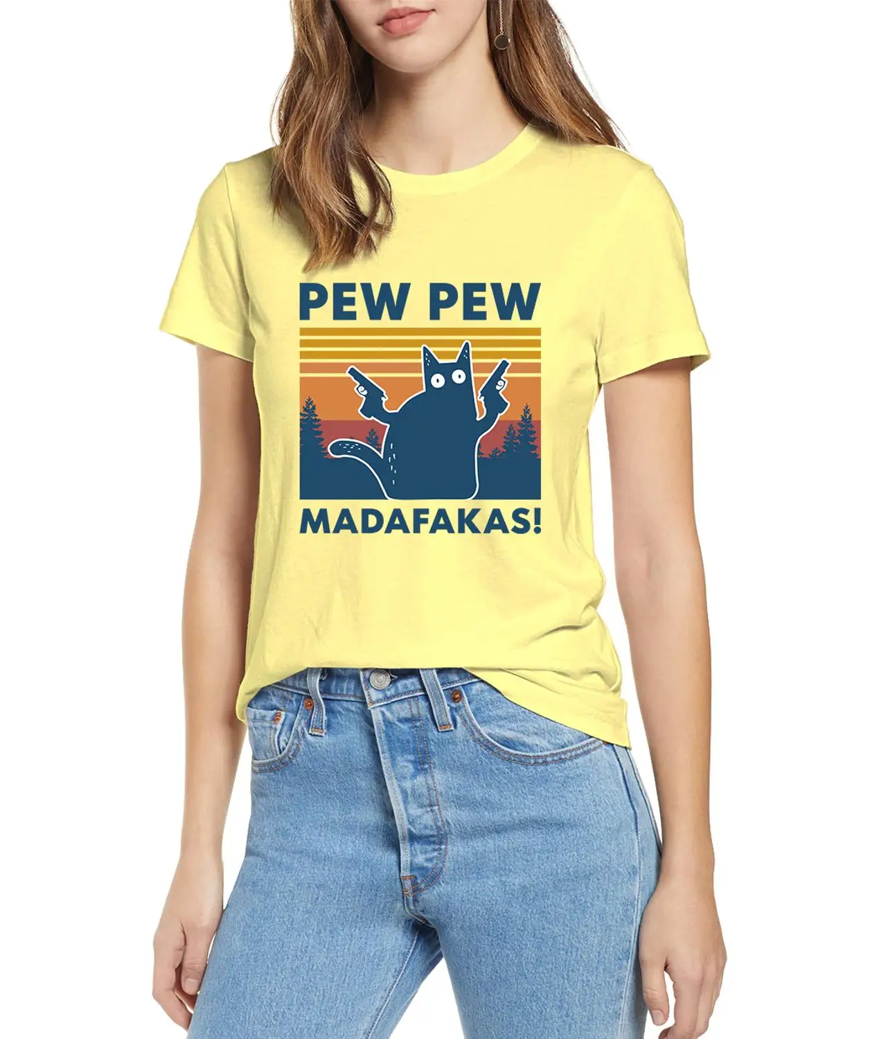 Black Cat Pew Pew Madafakas Funny Cat Gangster With Gun Meme Retro Women\'s Short Sleeves T-Shirt Humor Gift Tops Tee,Drop Ship