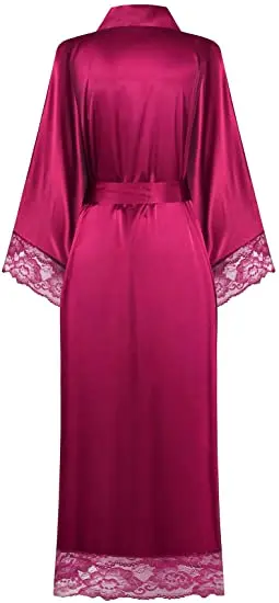 Womens Nightdress Sexy Long LaceLingerie Bath Robe Gown Imitation Ice Silk Nightdress Solid Color Nightgown Nightwear