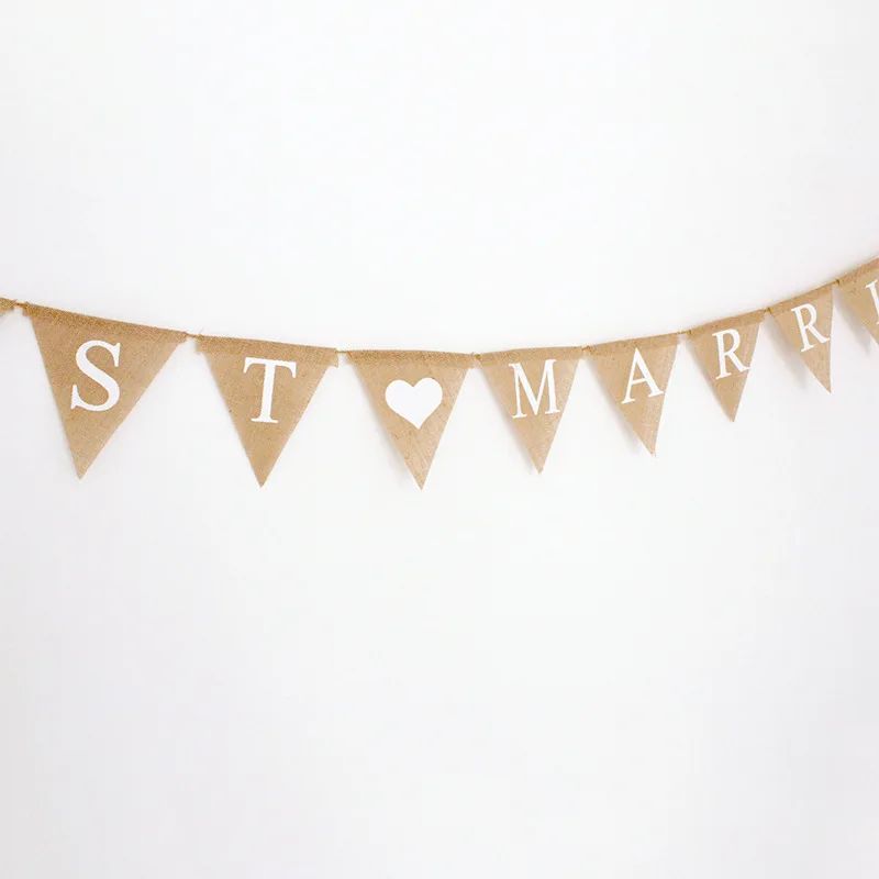 JUST MARRIED Burlap banner Wedding Photo Props Vintage Jute Burlap Bunting Pennant Wedding Party Decoration Supplies 5BB5803