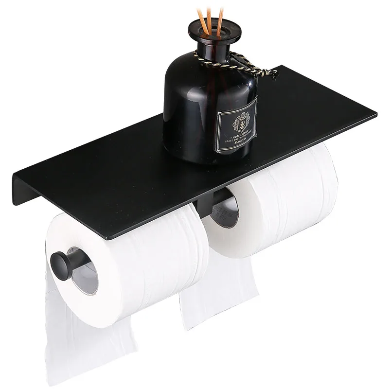 Tuqiu Black Paper Holder with Phone shelf  Double Toilet Paper roll Holder  Aluminum Double Paper Holder Tissue Boxes