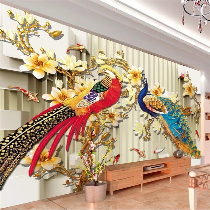 wellyu Customized large murals fashion home improvement 3D three-dimensional relief double phoenix Chengxiang background wall