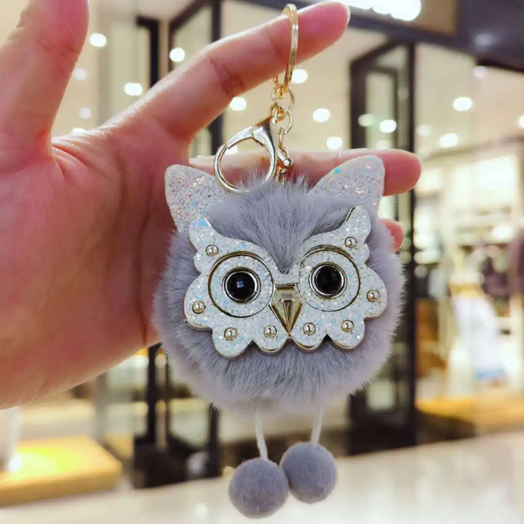 New creative hair ball key chain DIY glittering owl plush hanging, fashionable hair ball car key chain birthday gift