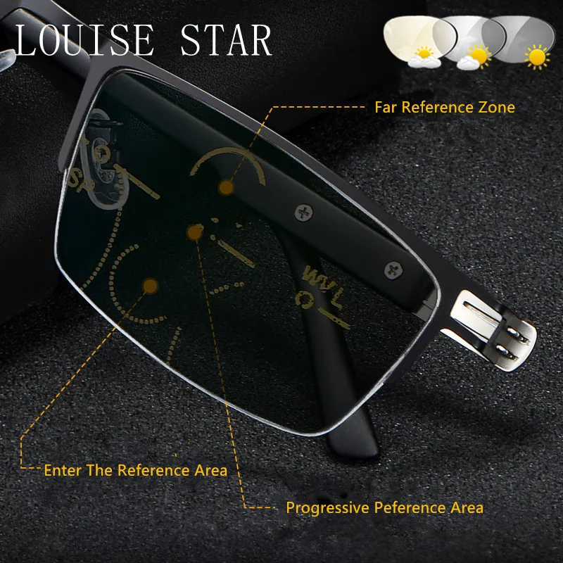 Progressive Multi-Focus Reading Glasses Men's Photochromic Anti-Blue Light Finished Mirror To See Far And Near Titanium Alloy