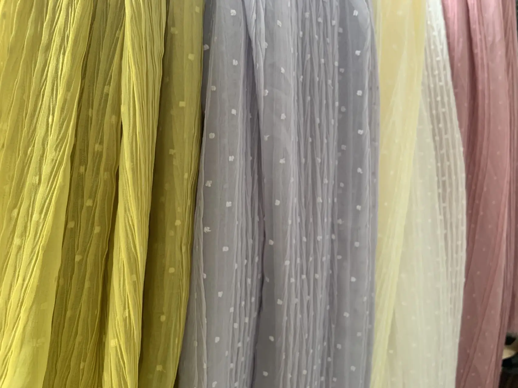 1 Yard Ginger Yellow Creased Chiffon Fabric Pleated Frilled Lace with 3D Dots for Dress Decoration,Blue Beige White