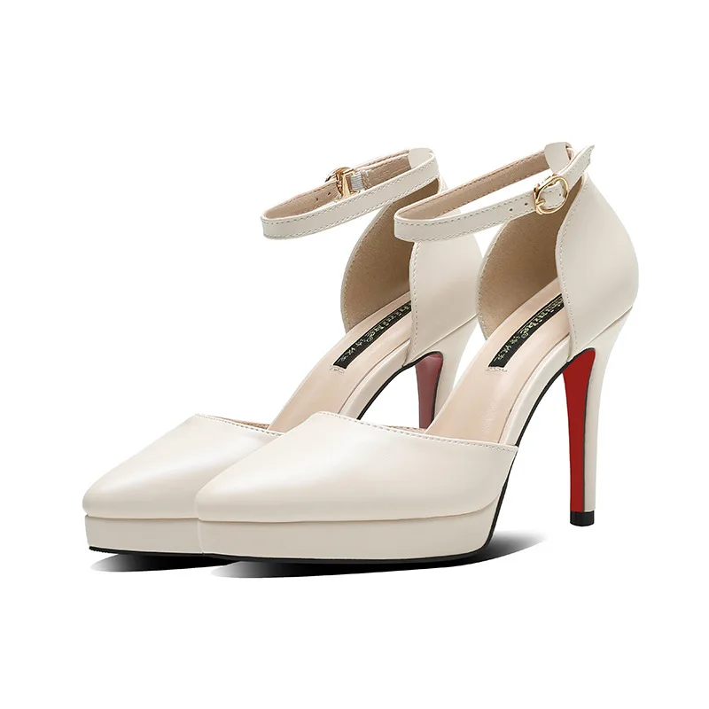 Fashion Women Pointed Toe Black PU Leather Platform 10cm Thin High Heels Criss Cross Buckle Strap Dance Shoes Stiletto Mujer