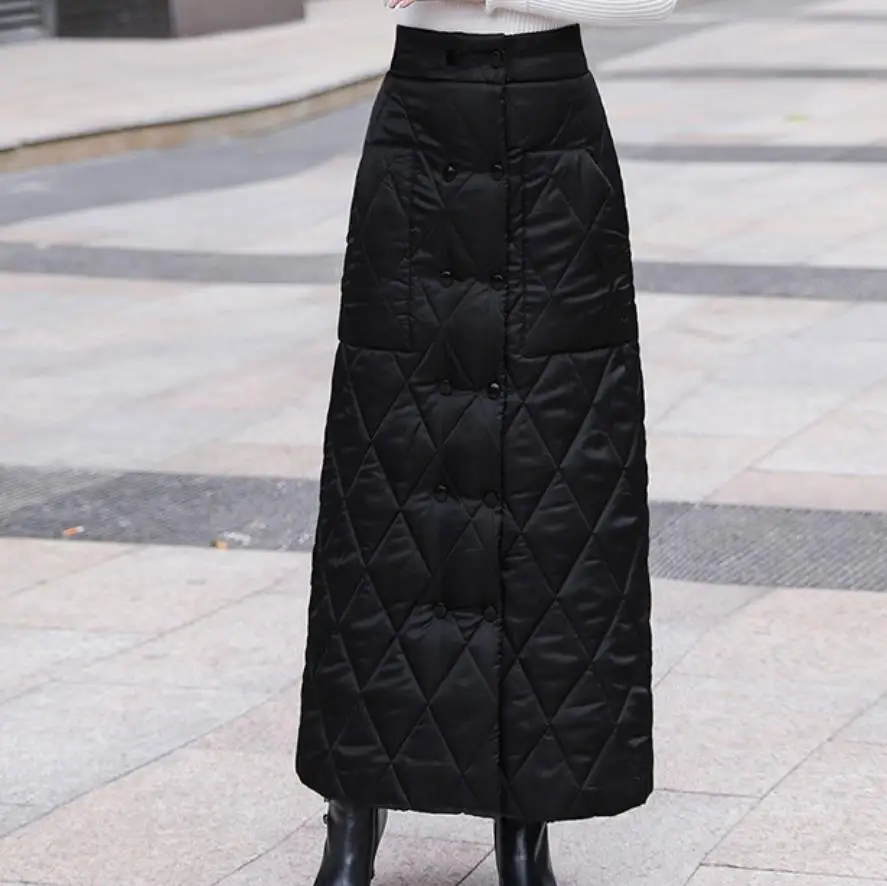 New arrival winter cotton padded skirt women high wasit a-line double breasted long skirt