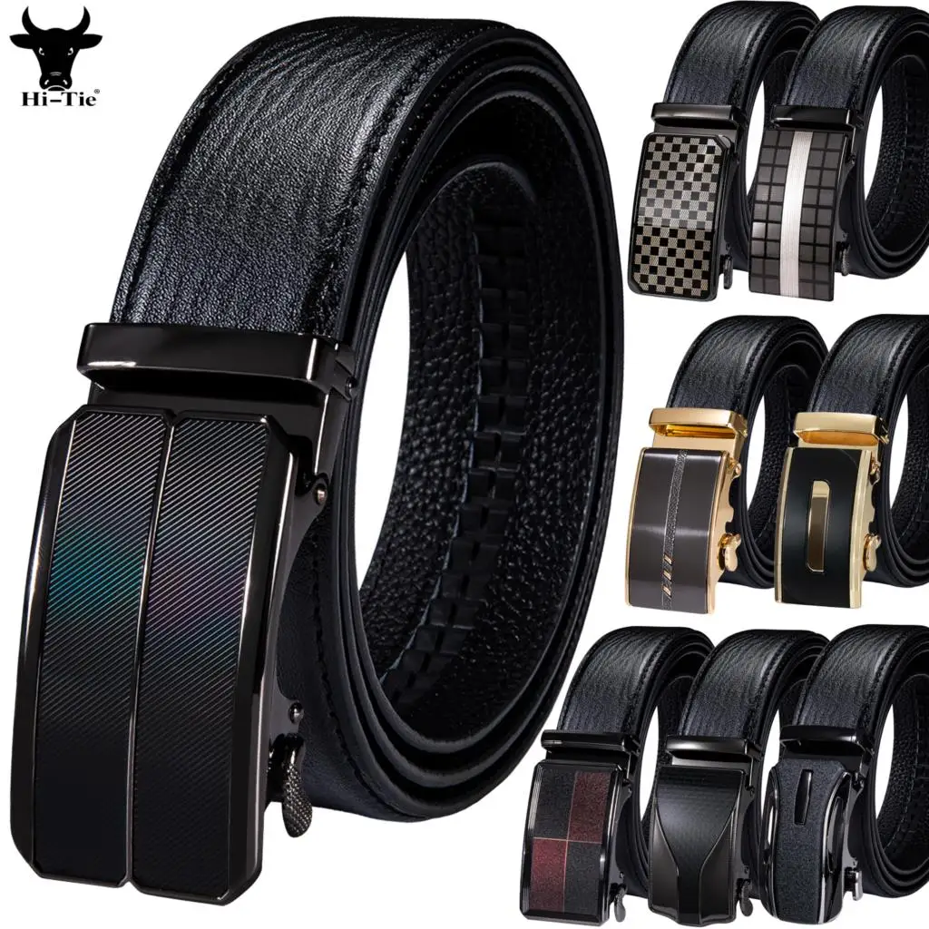 

High Quality Brand Mens Belts Black Cowskin Leather Automatic Buckles Ratchet Waistband Belt For Men Dress Jeans Suit Trousers