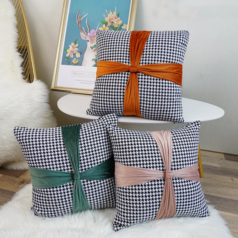 Modern Black And White Houndstooth Home Sofa Throw Cushion Cover Light Luxury Bow Decorative Square Pillow Case Cover 45X45cm