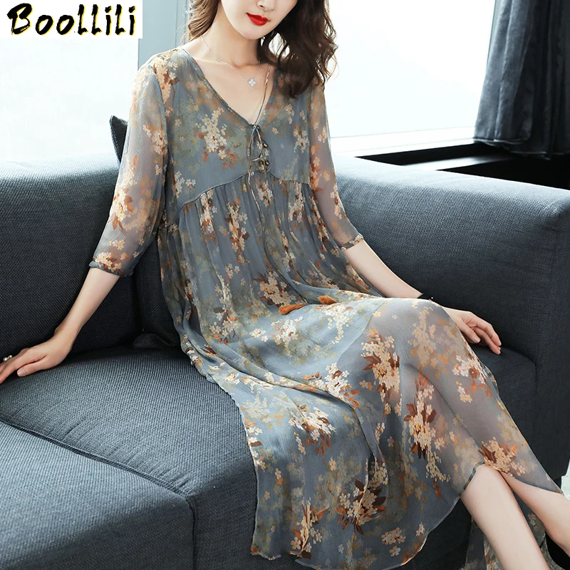 

Dress Boollili Summer Women Silk Print Floral Long Dress Vintage Dresses Maxi Beach Party Dresses Vestidos Verano 2023