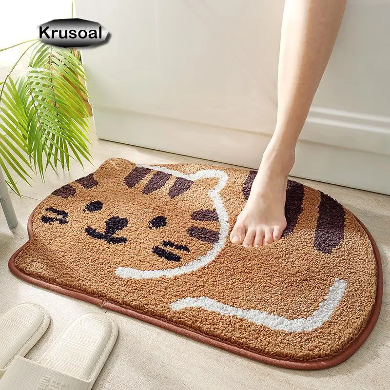 Bathroom Absorbent Floor Mats Creative Cartoon Cat Shape Thick Flocking Bathroom Rugs Non-Slip Bath Mat Decorative Door Mats