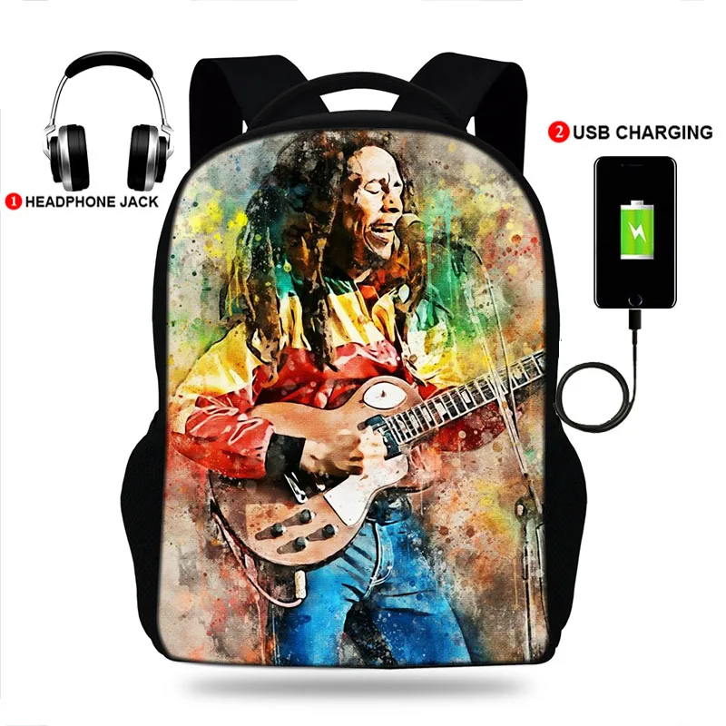 Torby szkolne Bob Marley Print szkolny plecak dla chłopców i dziewcząt nastolatek USB Charge plecak dziecięcy plecak na laptopa dla dzieci