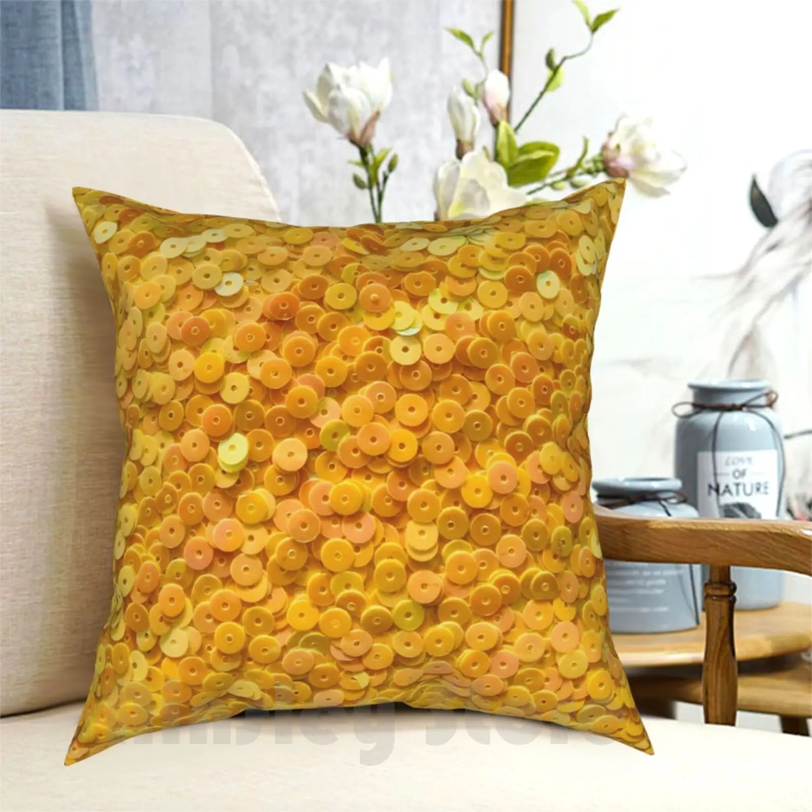 Bright Yellow Round Sequins Pillow Case Printed Home Soft Throw Pillow Yellow Color Abstract Background Bright Spring