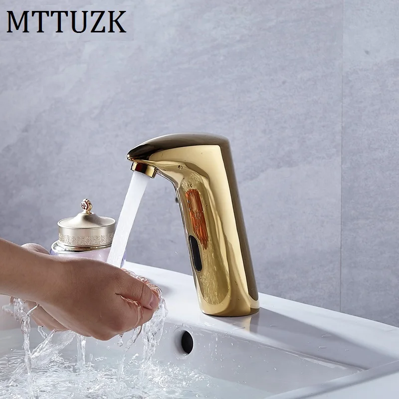 Brass Plating Gold Deck Mounted Integrated type Automatic Sensor Faucet Bathroom Wash Basin hot & cold Touchless infrared Taps