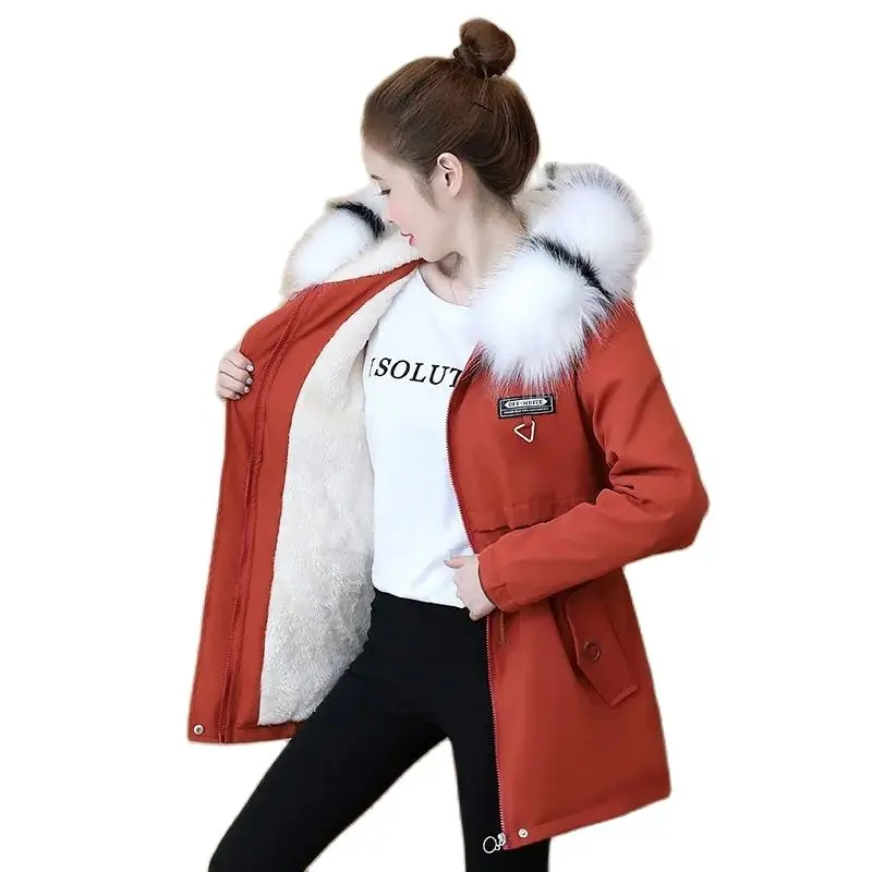 Pop Women Winter Jacket Mid Long Warm Parkas Female Plus Velvet Coat Cotton padded Parka Jacket Hooded OutwearR1536[Red wine4XL