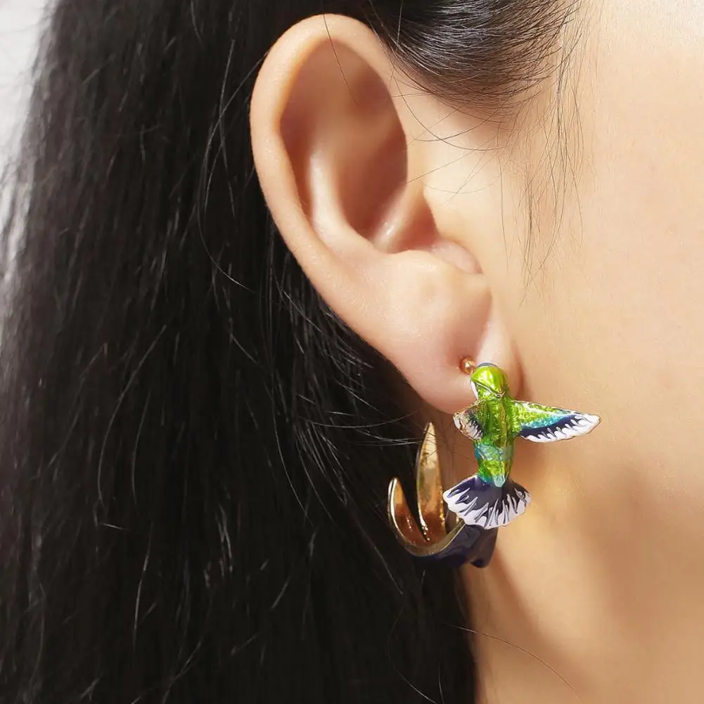 Women Earrings Flying Hummingbird Enamel Alloy Fashion Piercing Jewelry for Party