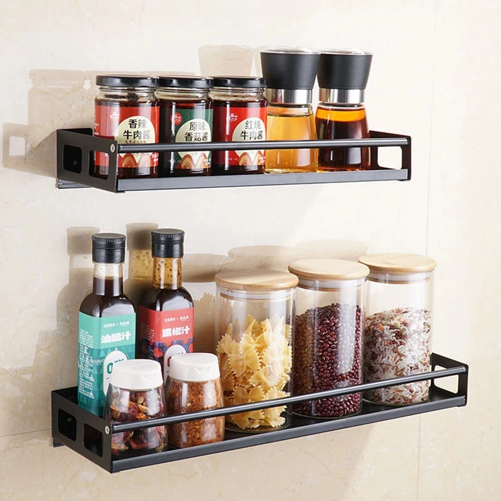 Kitchen Organizer Wall Mount Storage Rack Punch-free Metal Spice Jar Rack Cabinet Shelf Kitchen Storage Holder