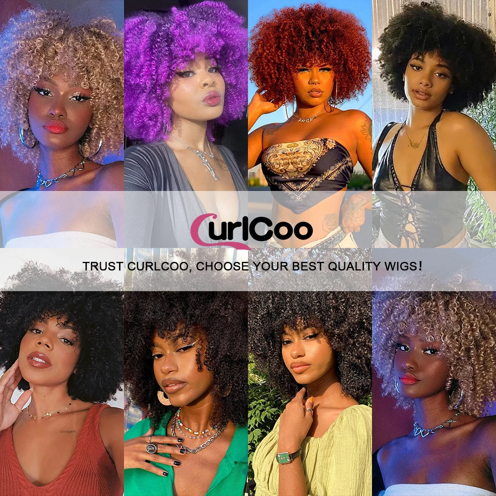 Short Hair Afro Kinky Curly Wigs With Bangs For Black Women African Synthetic Ombre Cosplay Natural Blonde Purple Wig