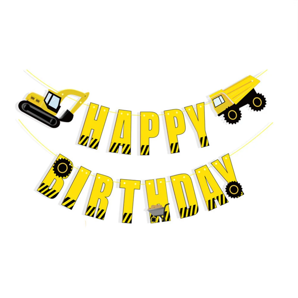 1Set Cartoon Vehicle Paper Flag Construction Pennant Excavator Cars Theme Party Banner For Happy Birthday Party Supplies