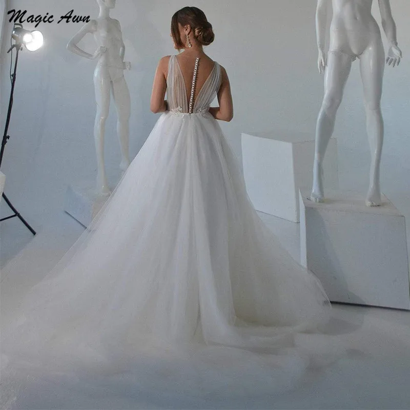 Magic Awn Graceful Soft Tulle abiti Da Sposa 2021 Appliques Illusion Scoop Boho A-Line abiti Da Sposa principessa Abito Da Sposa